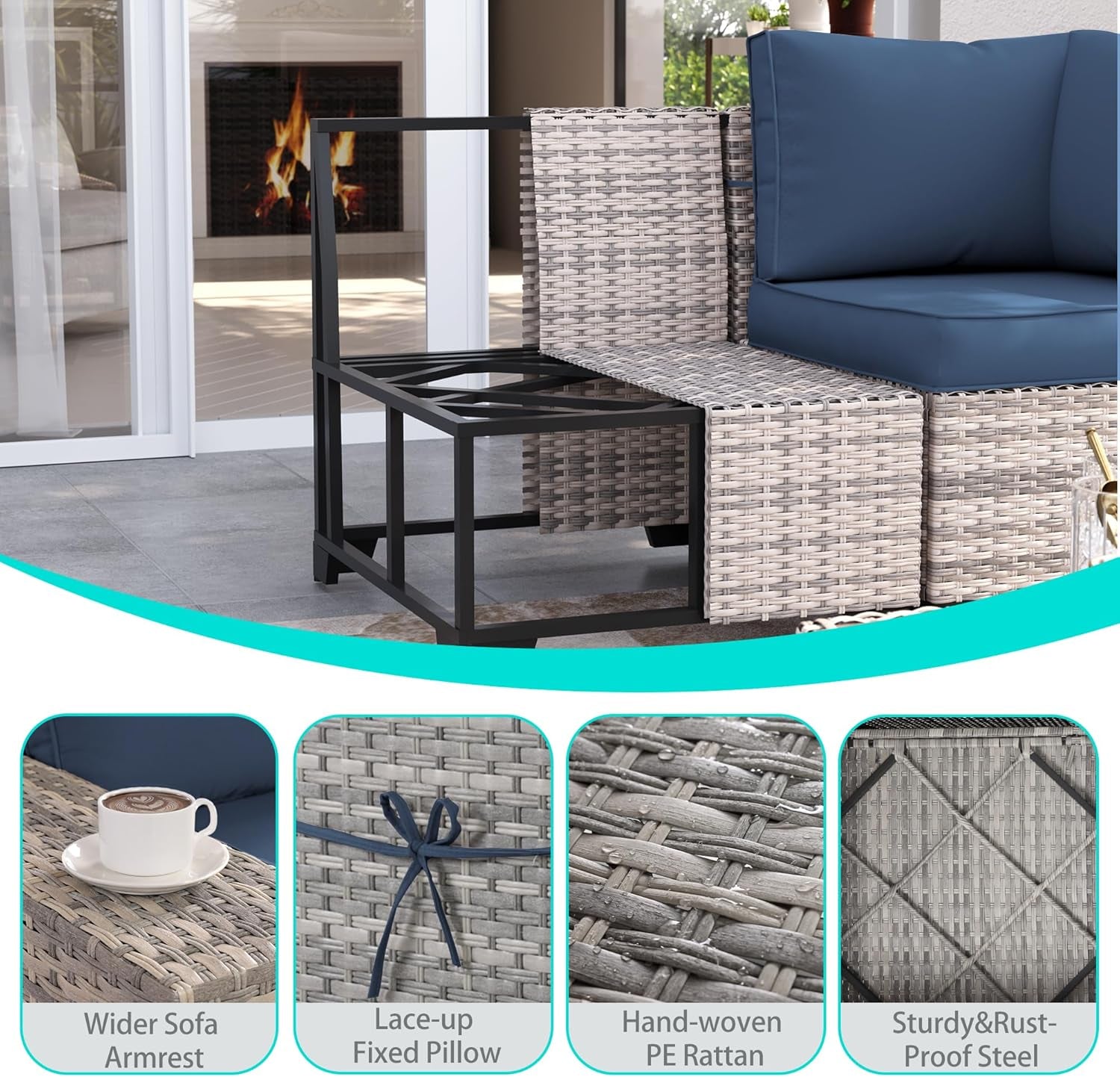 6-Piece Outdoor Patio Furniture Set Wicker Sectional Sofa Set, Patio Conversation Set with Thickened Cushions & Coffee Table for Garden, Backyard, Poolside, Blue-4