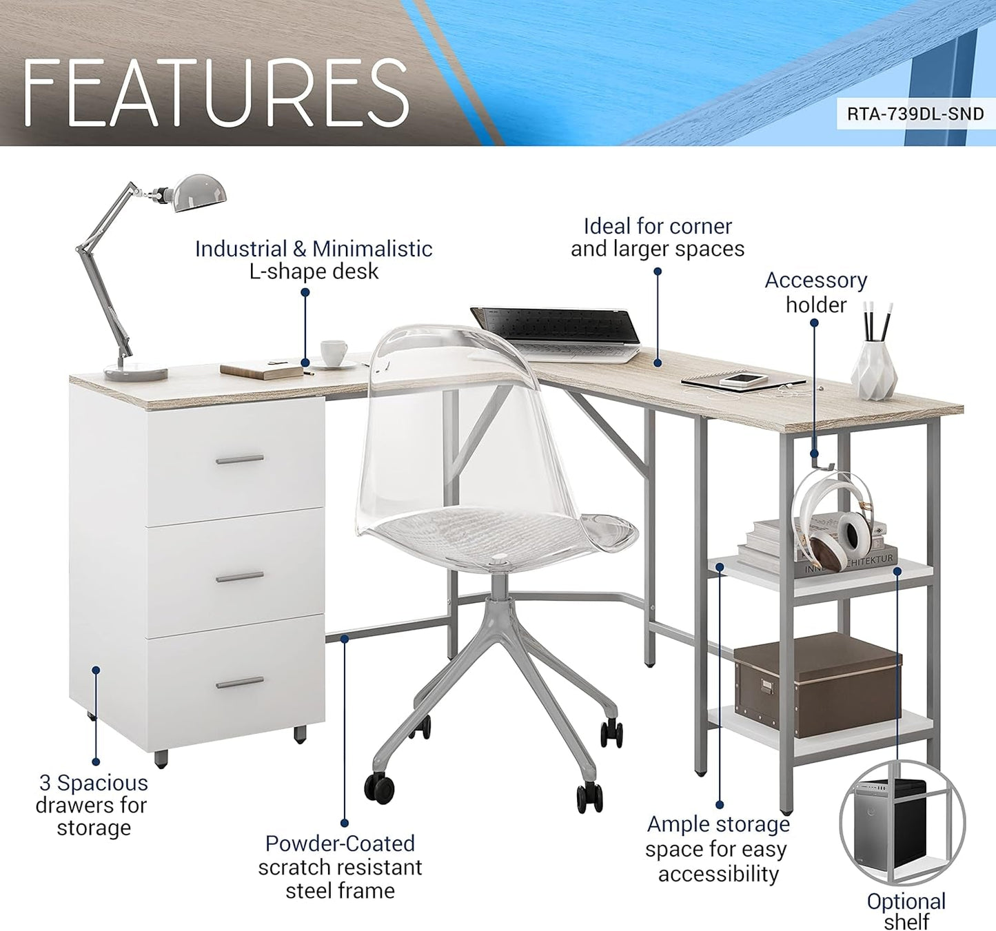 L Shaped Desk - Two-Toned Computer Desk with Drawers & Storage Shelves - Simple Modern Furniture & Home Office Space Corner Table for Work & Writing-3