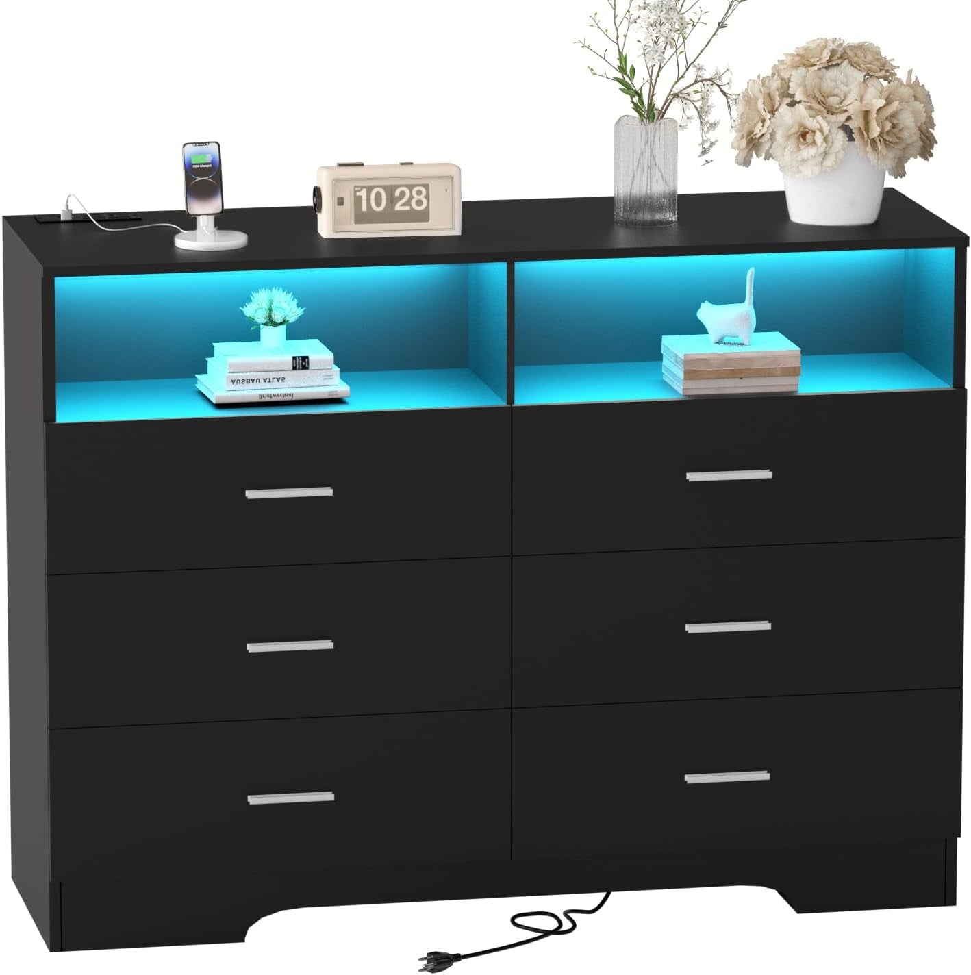 Dresser with Power Outlets and LED Lights Wooden 6 Drawer Dresser with Large Organizer Tall Black Dresser for Bedroom Chest of Drawers Closet Modern Dresser for Living Room Kids Room-0