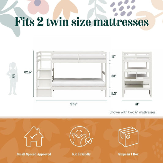 Zaire Kids' Solid Wood Bunk Bed with Stairs and Storage Shelves, White-1