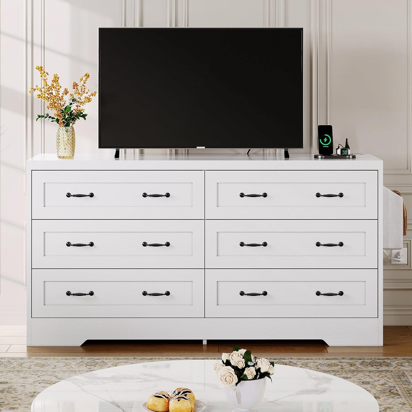 Farmhouse 6 Drawer Dresser for Bedroom, 60 Inch Large Modern Dresser TV Stand with Drawers & Bar Handles, Storage Dressers with Power Outlets, Rustic Wood Chest of Drawers, White-2