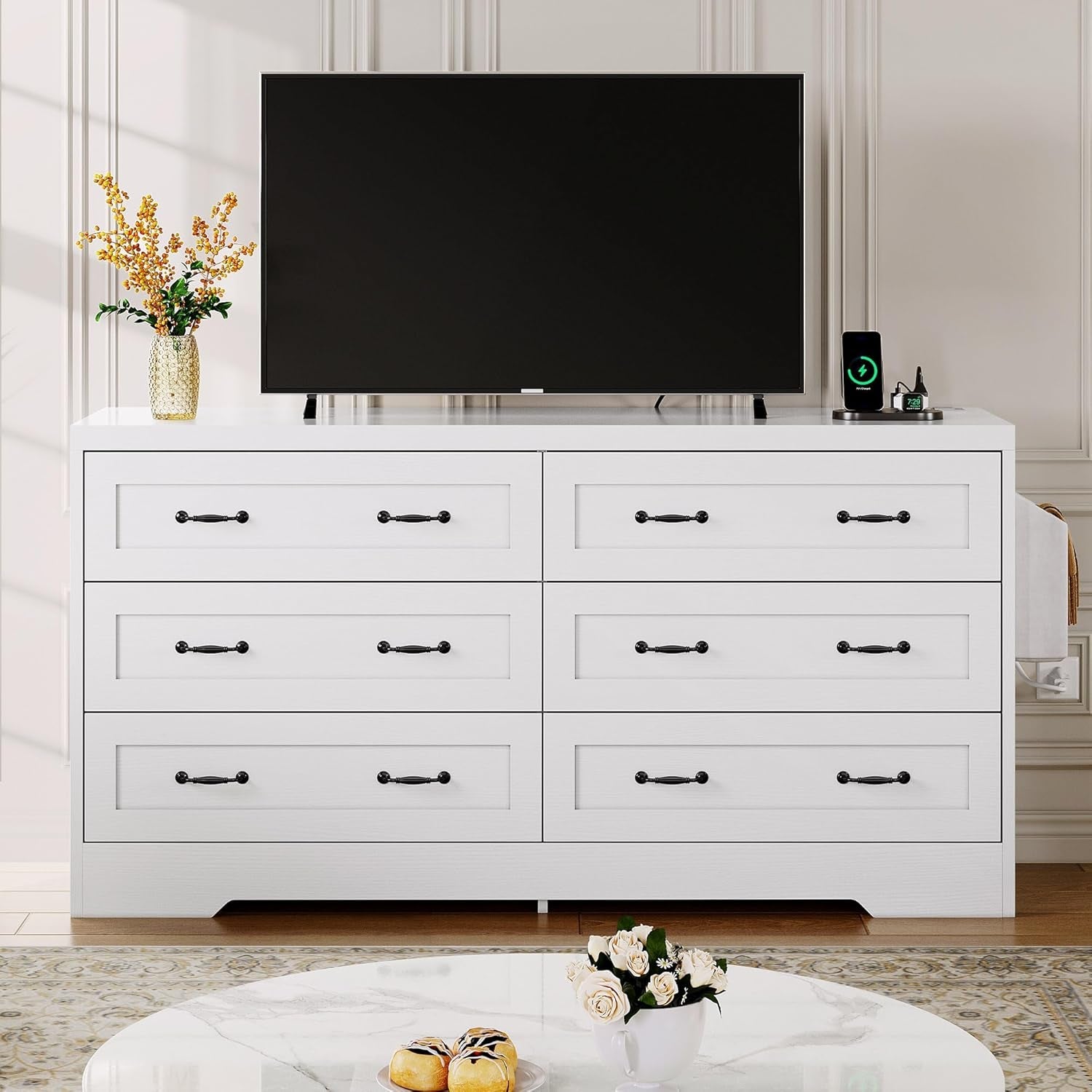 Farmhouse 6 Drawer Dresser for Bedroom, 60 Inch Large Modern Dresser TV Stand with Drawers & Bar Handles, Storage Dressers with Power Outlets, Rustic Wood Chest of Drawers, White-2