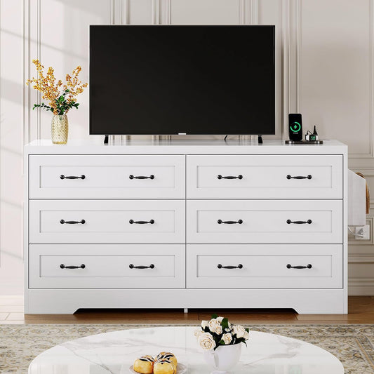 White Drawers TV Stand for 65 Inches with Power Outlets -Chest of Drawers Dresser with Side Organizer Bag Entertainment Center TV Console, White-0