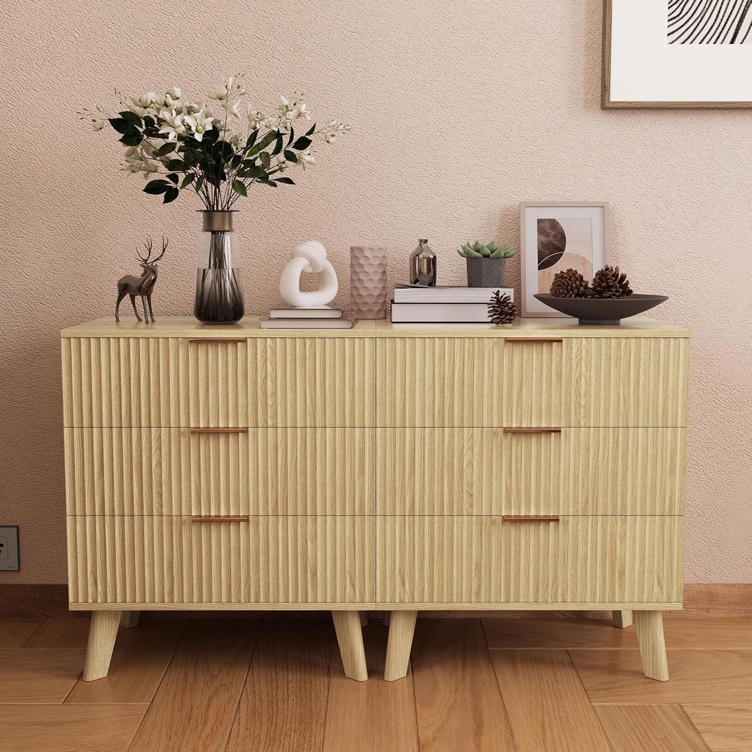 Fluted 3 Drawer Dressers, Modern Closet Dressers Chest of Drawers, Wood Storage Dresser Chest of Drawers Organizer for Bedroom Living Room Hallway Closet(Natural)-3