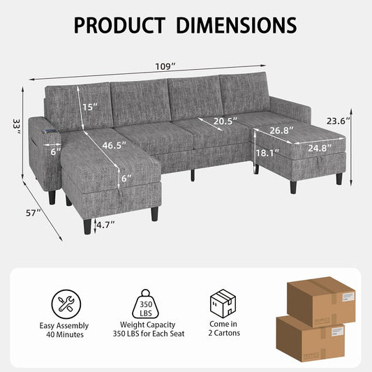 Sectional Couches for Living Room, 4 Seat Linen Sectional Sofa with Reversible Chaise Lounge/Storage Ottoman, U Shaped Couch with Smart Module-Wireless Charging/Usb/Type-C/Rgb Light (Light Grey)-1