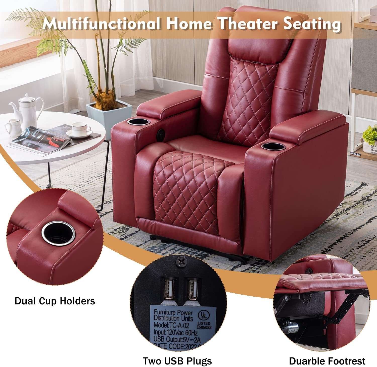 Power Recliner Chair Set of 3, PU Leather Electric Home Theater Seating with USB Ports and Cup Holders, Red Overstuffed Reclining Furniture with Hidden Arm Storage-3