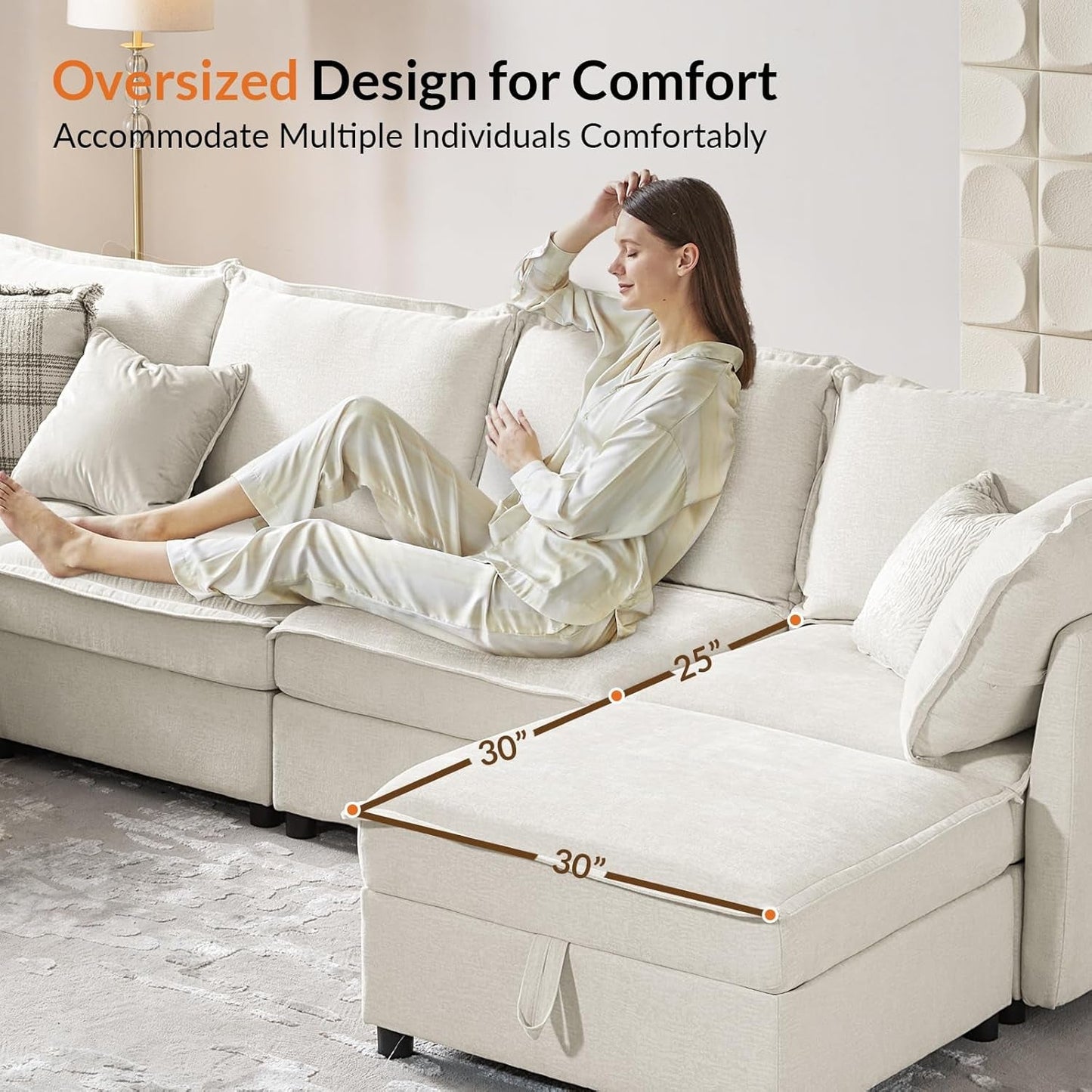 127'' Modular Sectional Sofa, Oversized U Shaped Couch with Storage Ottoman, Extra Deep Seat, Modern Comfy Chenille Sofa with Chaise, 6 Seat Convertible Couches for Living Room, White-4