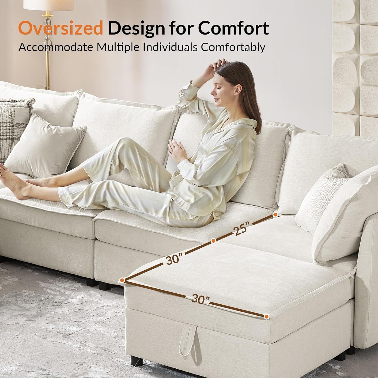 127'' Modular Sectional Sofa, Oversized U Shaped Couch with Storage Ottoman, Extra Deep Seat, Modern Comfy Chenille Sofa with Chaise, 6 Seat Convertible Couches for Living Room, White-4