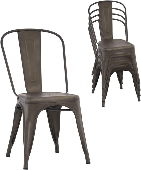 Metal Dining Chair Farmhouse Tolix Style for Kitchen Dining Room Café Restaurant Bistro Patio, 18 Inch, Stackable, Waterproof Indoor/Outdoor (Sets of 4) (Steel Seat, Bronze)-0