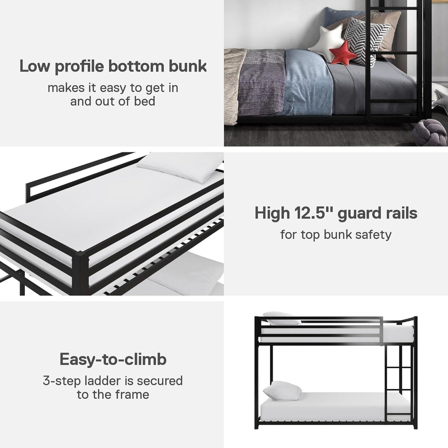 Miles Low Metal Bunk Bed Frame for Kids, with Built-In Ladder, High Guardrail and Metal Slats, Floor Bed Bottom Bunk, No Boxspring Required, for Small Spaces, Twin-Over-Twin, Black-2
