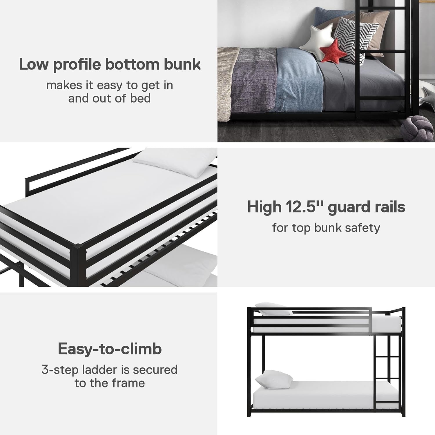 Miles Low Metal Bunk Bed Frame for Kids, with Built-In Ladder, High Guardrail and Metal Slats, Floor Bed Bottom Bunk, No Boxspring Required, for Small Spaces, Twin-Over-Twin, Black-2