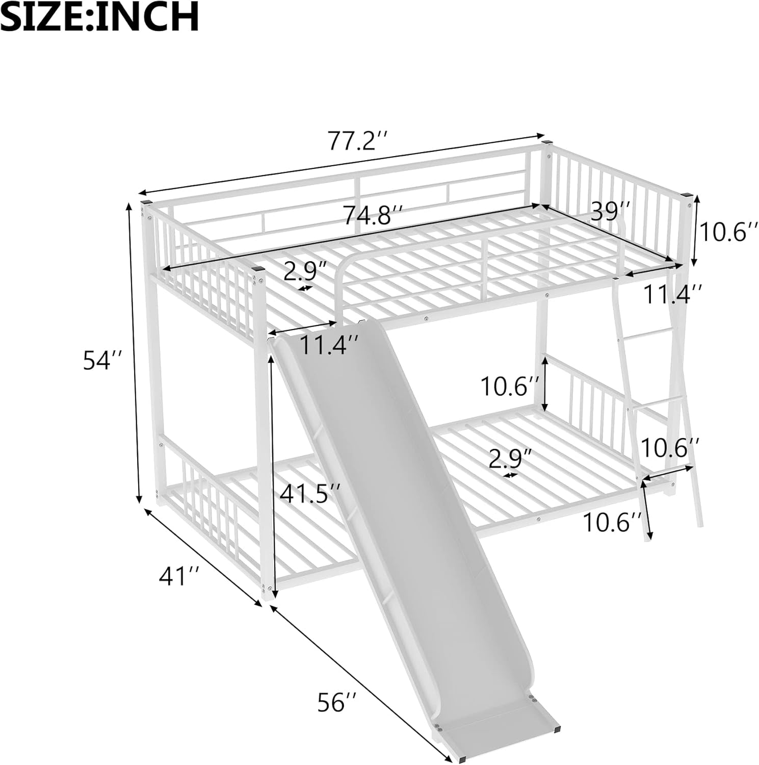 Bunk Bed with Slide, Metal Twin over Twin Bunk Bed with Slide and Ladder, Made of Heavy Duty Steel, for Kids Girls Boys Teens – White-1