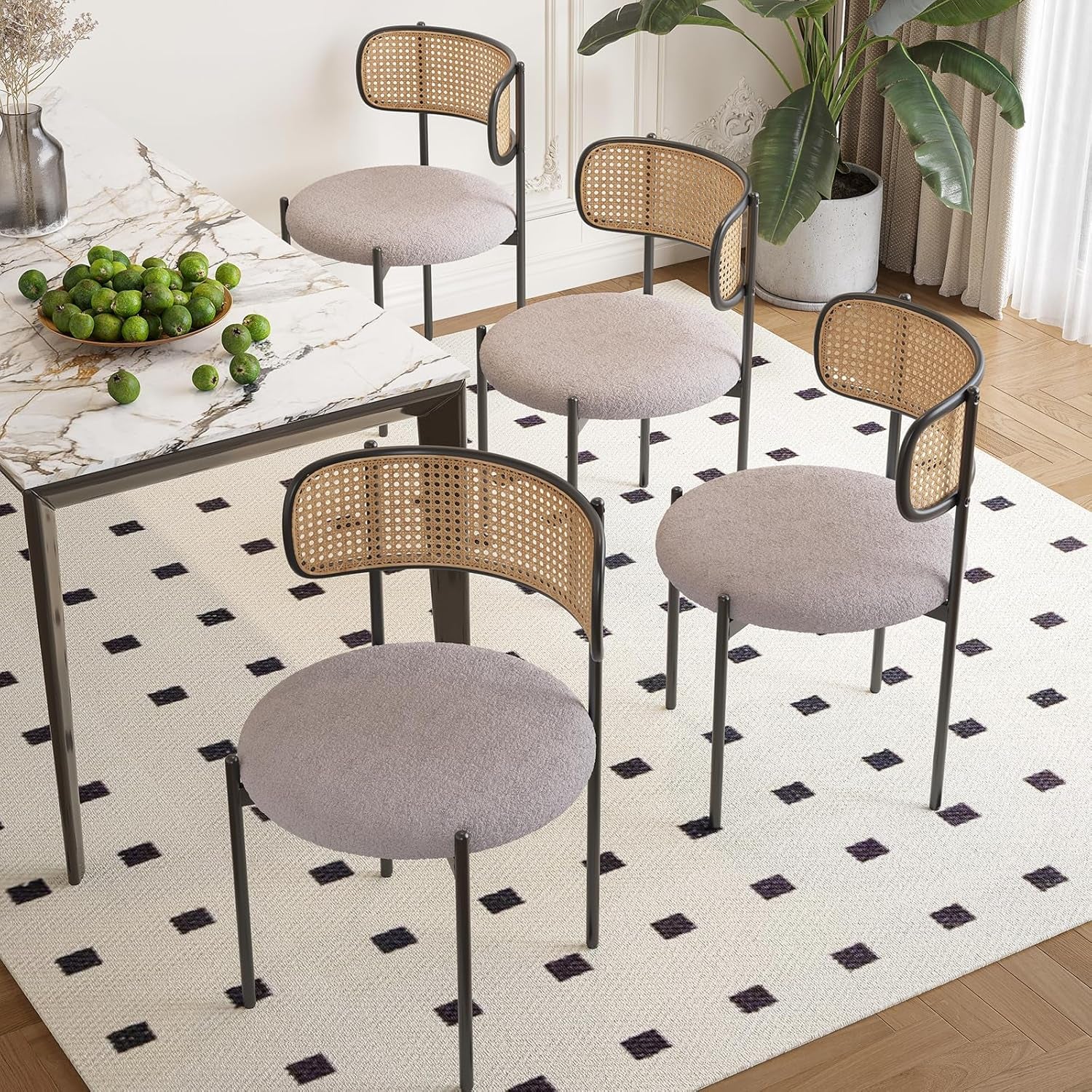 Gray Rattan Back Mid-Century Modern Dining Chairs Set-0