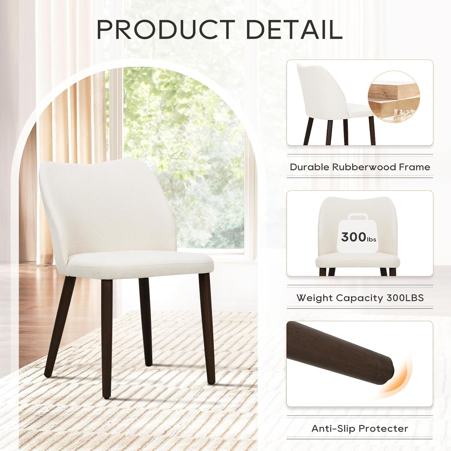 Upholstered Dining Chairs Set of 2, Modern Fabric Dining Room Kitchen Side Chair with Padded Seat and Wood Legs for Restaurant/Cafe, Beige-4