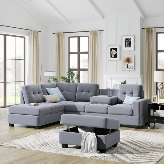 104Inch Sectional Sofas 3-Seat Sofa Sectional Sofa Couches with Reversible Chaise Storage Ottoman and 2 Cup Holders, Sofa Lounge and Ottoman for Living Room Furniture-0