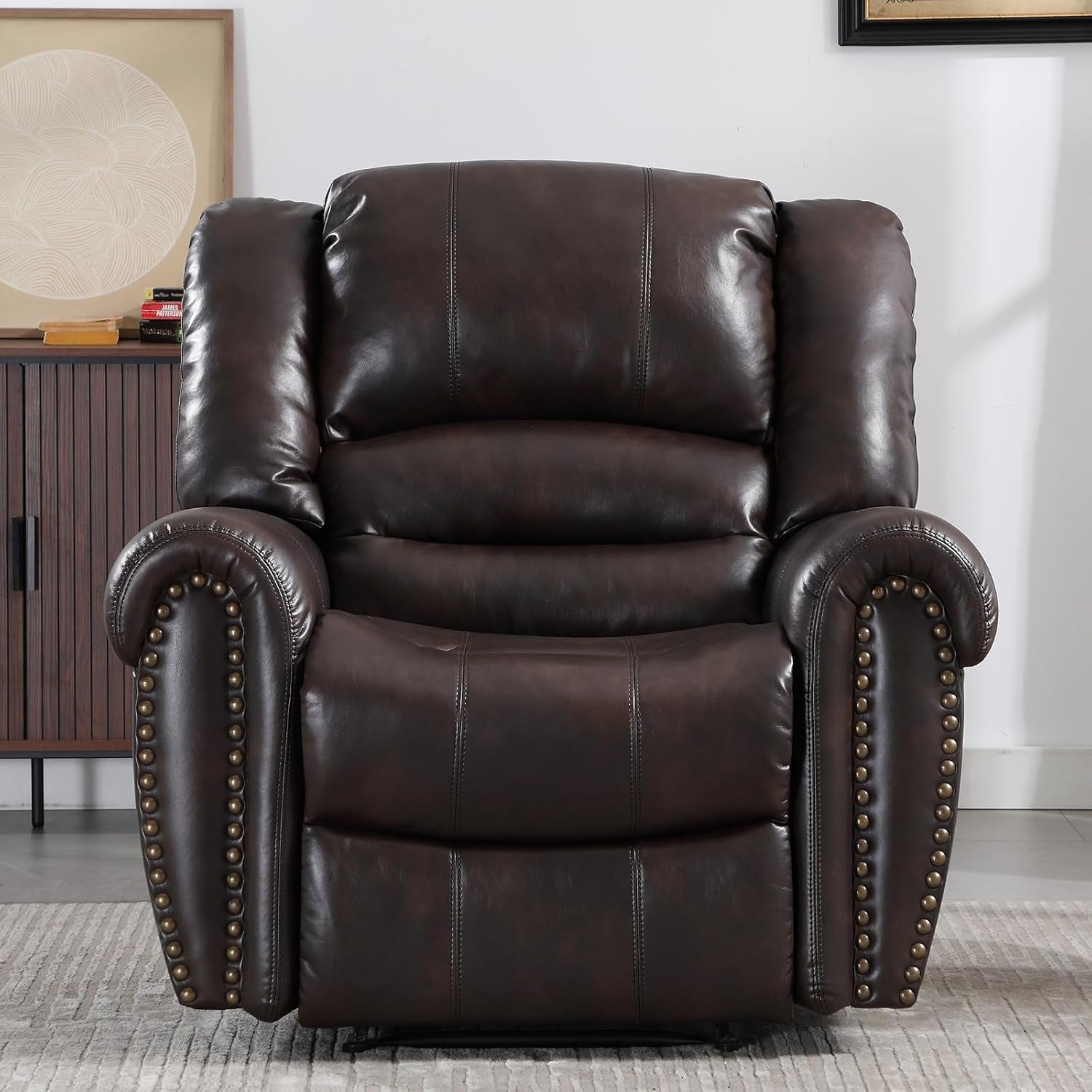 Leather Recliner Chair, Classic and Traditional Manual Recliner Chair with Comfortable Arms and Back Single Sofa for Living Room, Dark Brown-0