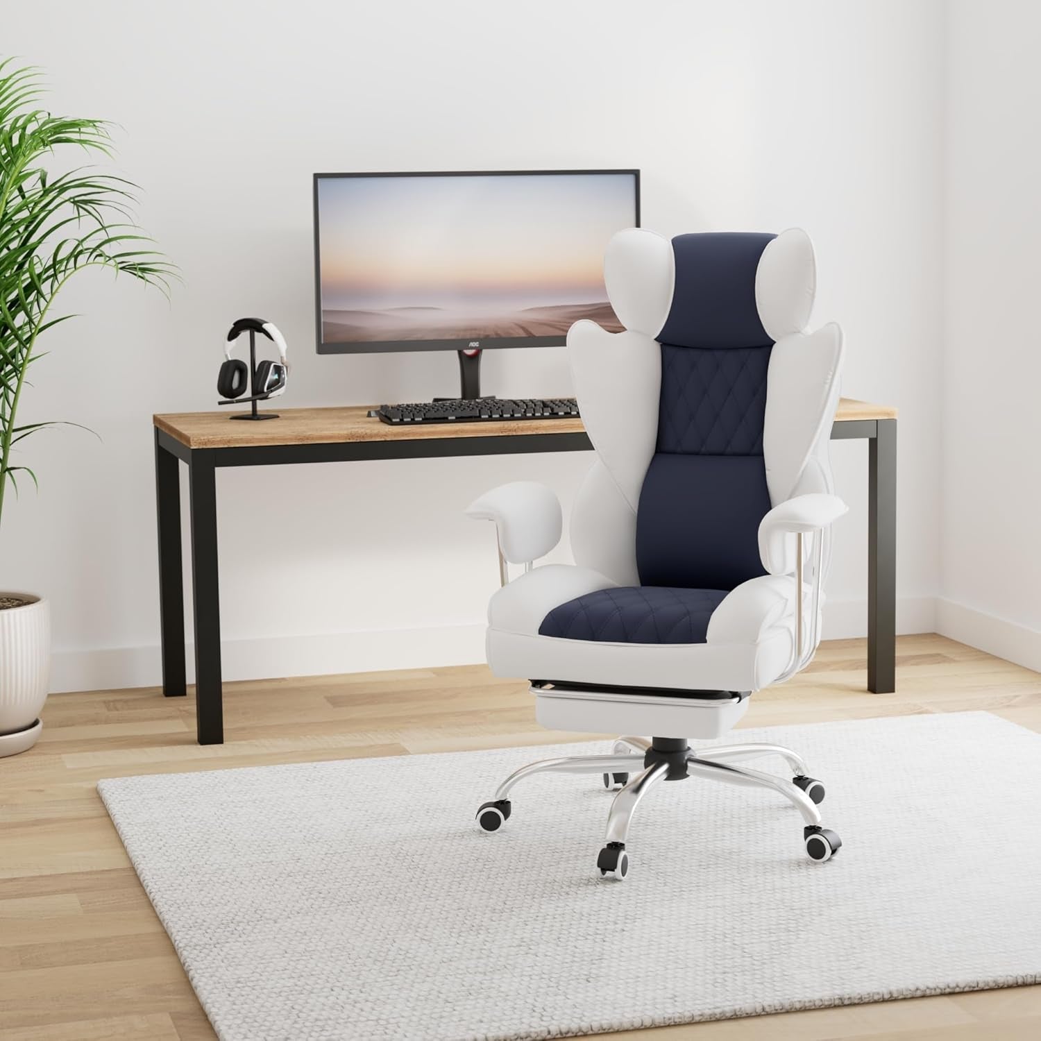 Gaming Chair,Office Chair with Pocket Spring Lumbar Support, Ergonomic Comfortable Wide Office Desk Computer Chair with Outward Fixed Soft Armrests and Footrest (Fabric, Light Blue & White)-1
