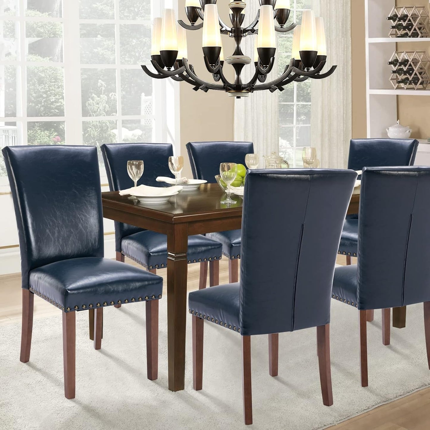 Parsons Dining Chairs Set of 4, Upholstered Nailhead PU Leather Dining Room Kitchen Side Chair with Thick Cushions and Wood Legs, Blue-3