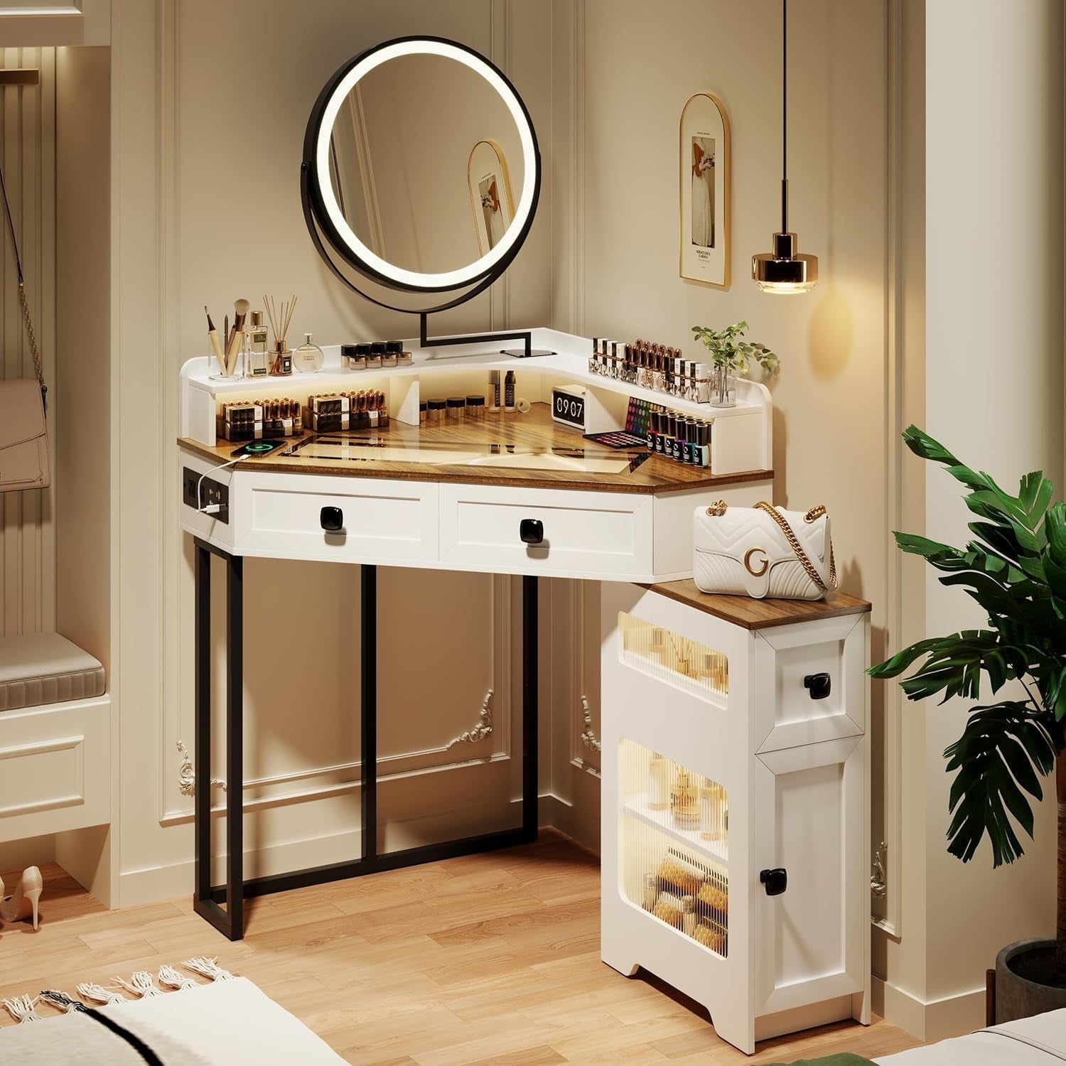 White Corner Vanity Mirror, Lights, Charging, Glass Top-0