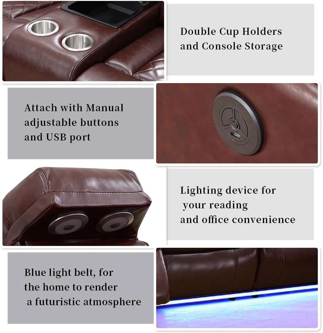 Living Room Set  Brown L-Shaped Leather Sofa Living Room Furniture Set Power Recliner Adjustable Sofa, Loveseat, Chair with Cup Holder/Storage Console/Led Light/Ups Port for Office, Living Room-3