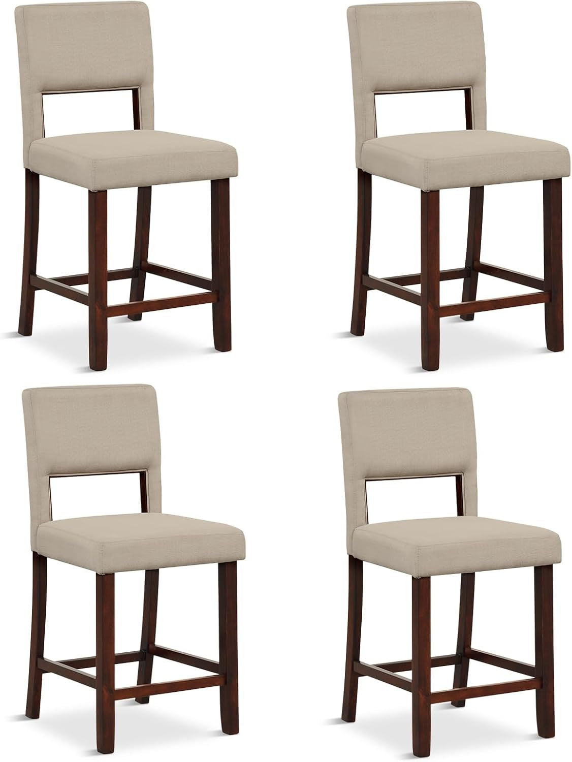 24.5" Counter Height Bar Stools Set of 4, Linen Barstools with Back, Rubber Wood Legs, Max Load 400 Lbs, Modern Upholstered Bar Dining Chairs for Kitchen Island Pub, Beige-0