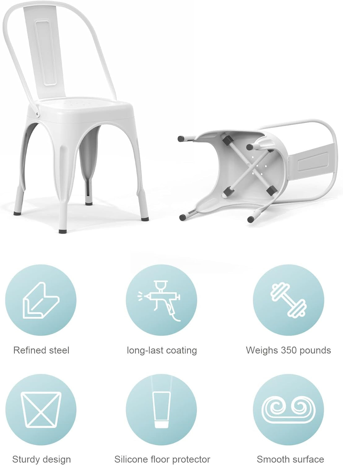 Metal Dining Chair Farmhouse Tolix Style for Kitchen Dining Room Café Restaurant Bistro Patio, 18 Inch, Stackable, Waterproof Indoor/Outdoor (Sets of 4) (White)-2