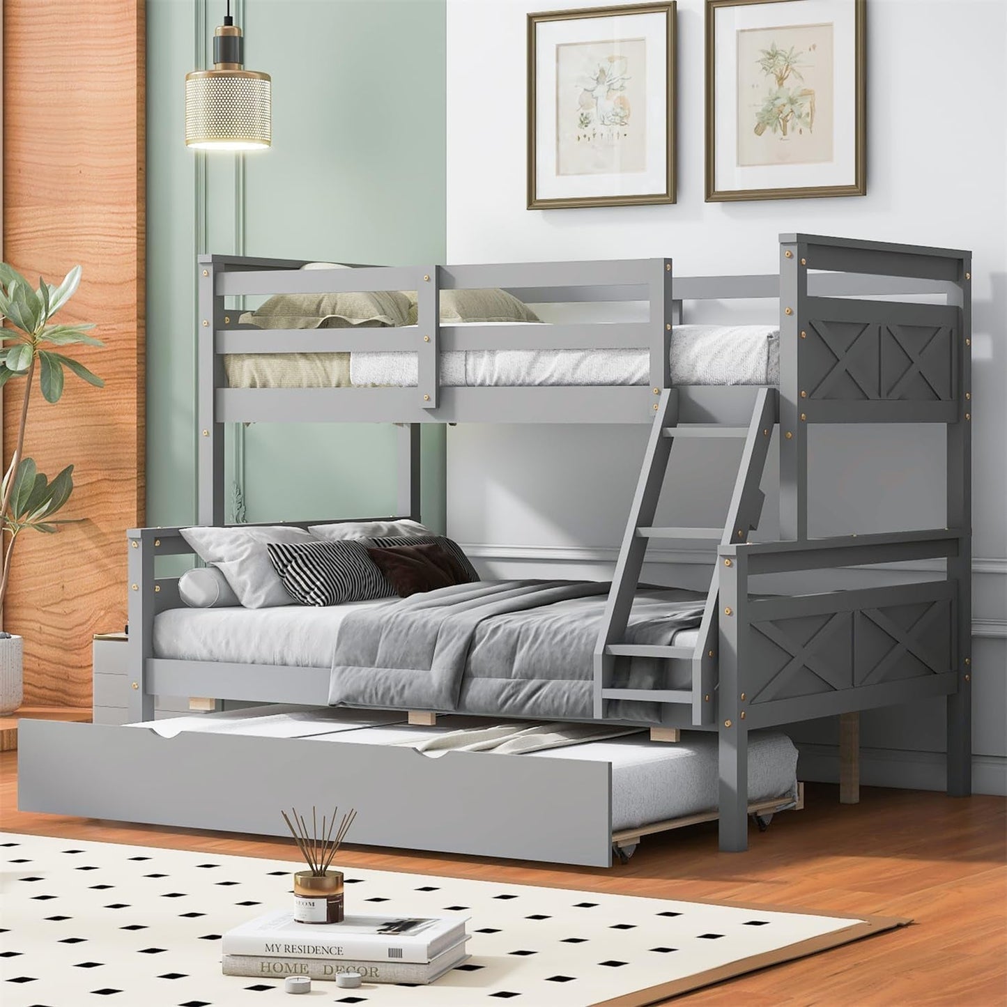Trundle Bunk Bed, Twin over Full Wood Bunk Bed with Twin Size Trundle, Solid Wood Bunk Bed Frame with Guardrail and Ladder, Grey-2
