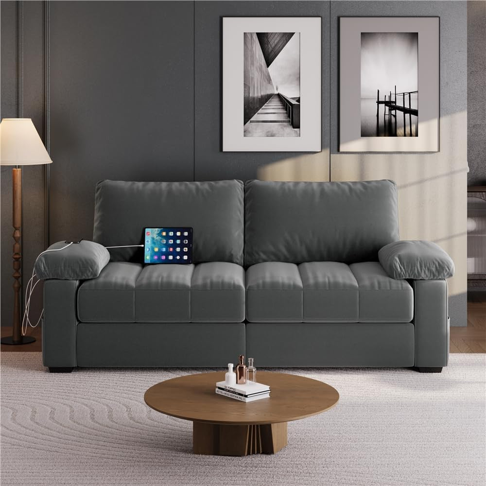 79" Velvet Couch, Comfy Sofa with Pocket Coils, Deep Seat, Storage Pockets and USB Ports, 2 Seater Modern Loveseat Sofas with Removable Cover, Pillow Top Arms for Living Room Apartment Gray-0