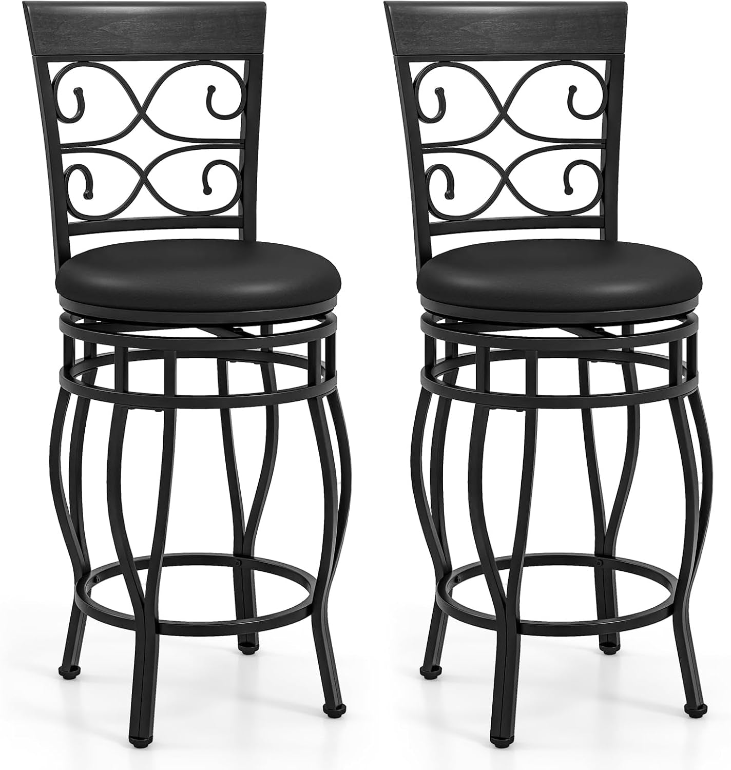 26" Swivel Bar Stools Set of 2, Counter Height Bar Stools with Back, Upholstered PU Leather Seat, Footrest, Max Load 330Lbs, Vintage Metal Barstools for Kitchen Island, Dining Room, Pub, Black-0
