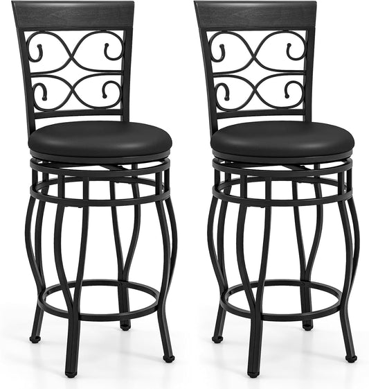 26" Swivel Bar Stools Set of 2, Counter Height Bar Stools with Back, Upholstered PU Leather Seat, Footrest, Max Load 330Lbs, Vintage Metal Barstools for Kitchen Island, Dining Room, Pub, Black-0