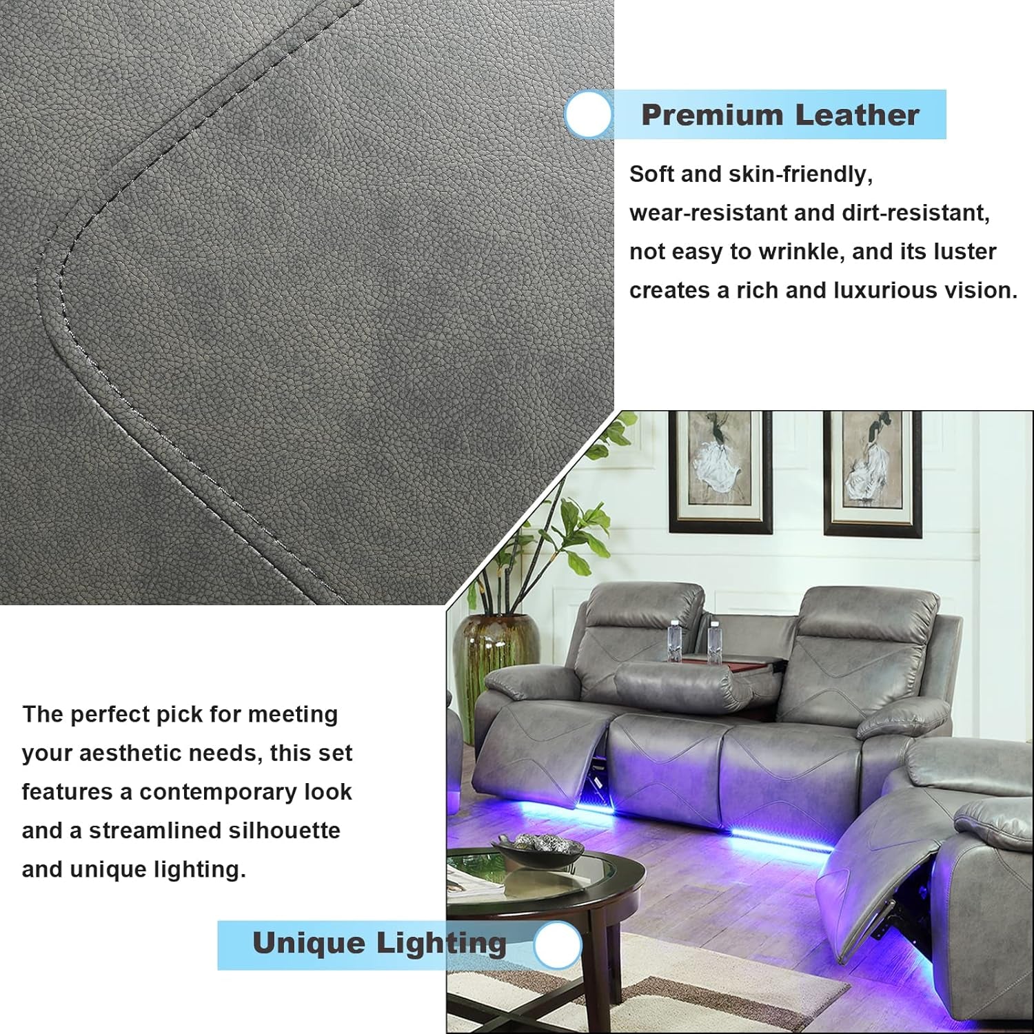 Power Leather Recliner Sofa Sets, 2 Pieces Living Room Furniture Sets with LED Lights, Grey Reclining Sofa Sets with USB Port for House/Office/Rv(A-Grey, Sofa+Loveseat)-3