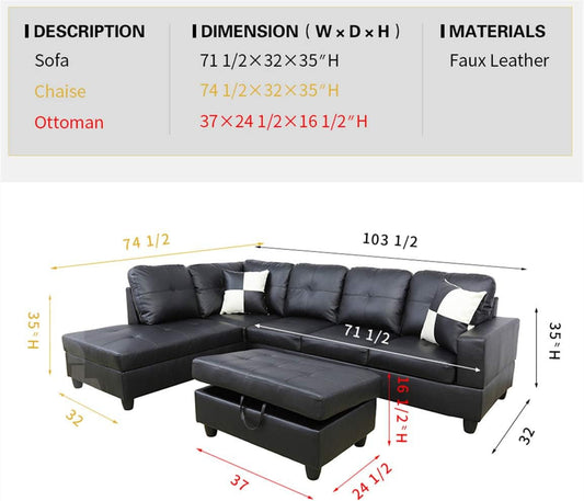 Ainehome 3 PCS Living Room Set, Sectional Sofa Set, L-Shape Couch in Home, with Storage Ottoman and Matching Pillows (Left Hand Facing,Black)-1