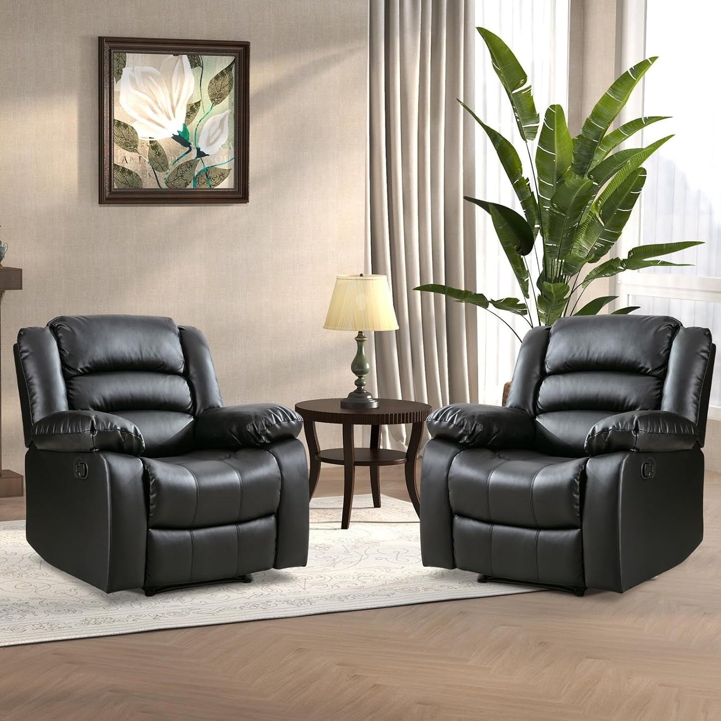 Black Recliner Chair Set of 2, with Overstuffed Arm and Back, Breathable Faux Leather Manual Reclining Chairs, Living Room Single Sofa Recliners-0