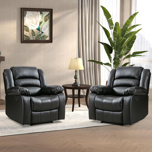 Black Recliner Chair Set of 2, with Overstuffed Arm and Back, Breathable Faux Leather Manual Reclining Chairs, Living Room Single Sofa Recliners-0