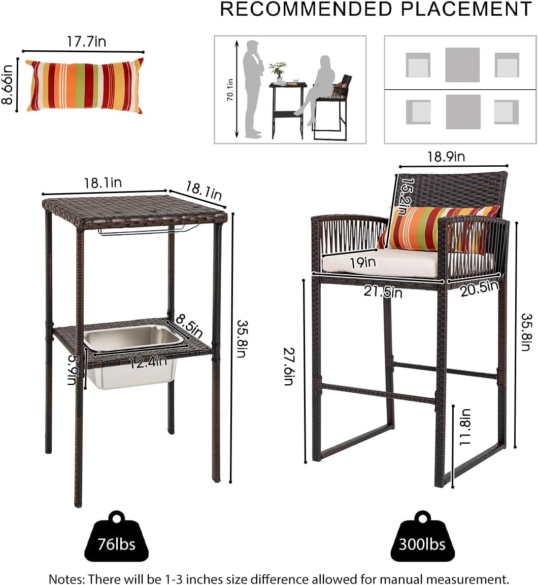 3 Pieces Wicker Bar Furniture Set for 2, Patio Stools and Bar Set with Glass Holder & Ice Bucket, Counter and 2 Pub Stools, High Top Bistro Dining Set, Brown Rattan and Beige Cushions-1