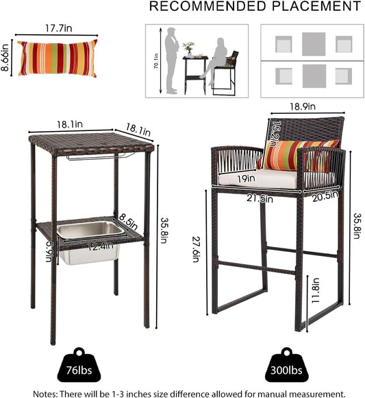 3 Pieces Wicker Bar Furniture Set for 2, Patio Stools and Bar Set with Glass Holder & Ice Bucket, Counter and 2 Pub Stools, High Top Bistro Dining Set, Brown Rattan and Beige Cushions-1