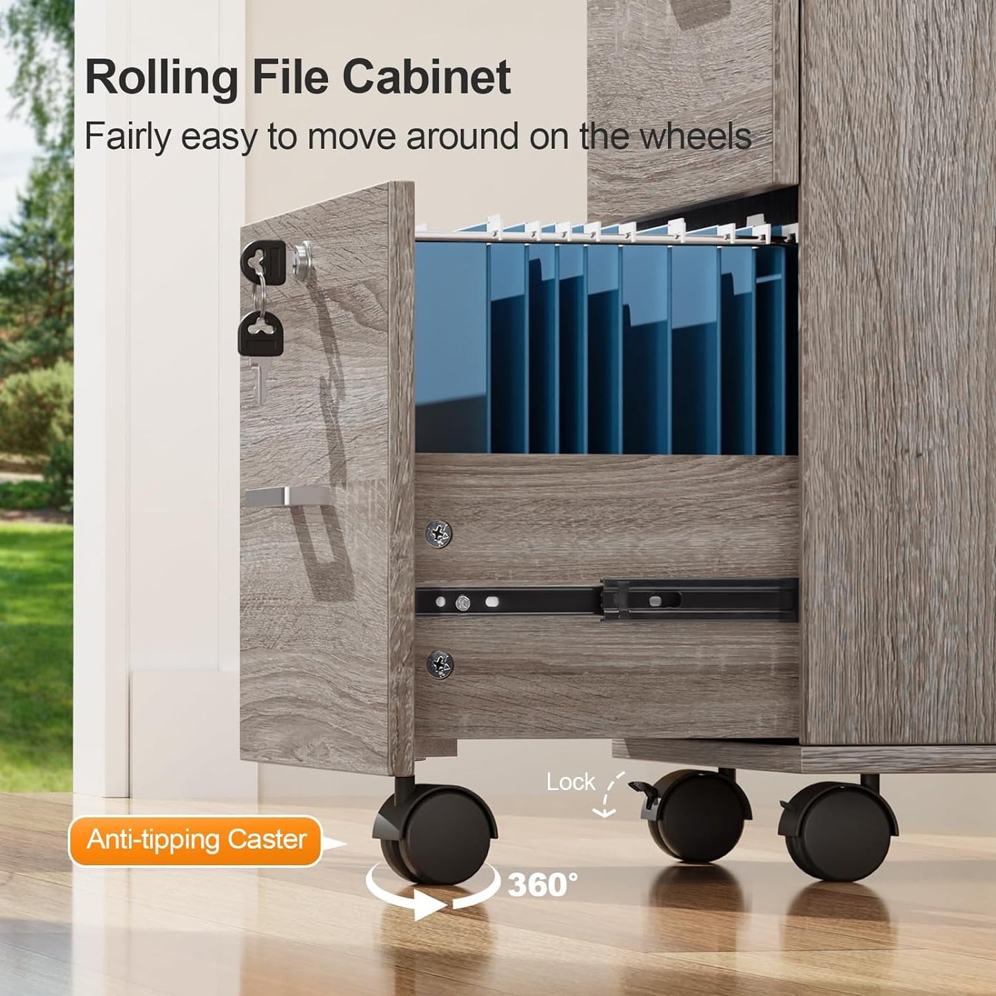 3-Drawer File Cabinet with Lock, Wood Rolling File Cabinet under Desk File Cabinets for Home Office, Mobile Printer Stand & File Cabinet for Letter Sized Files, 26" H(Caster Included),Gray Oak-3
