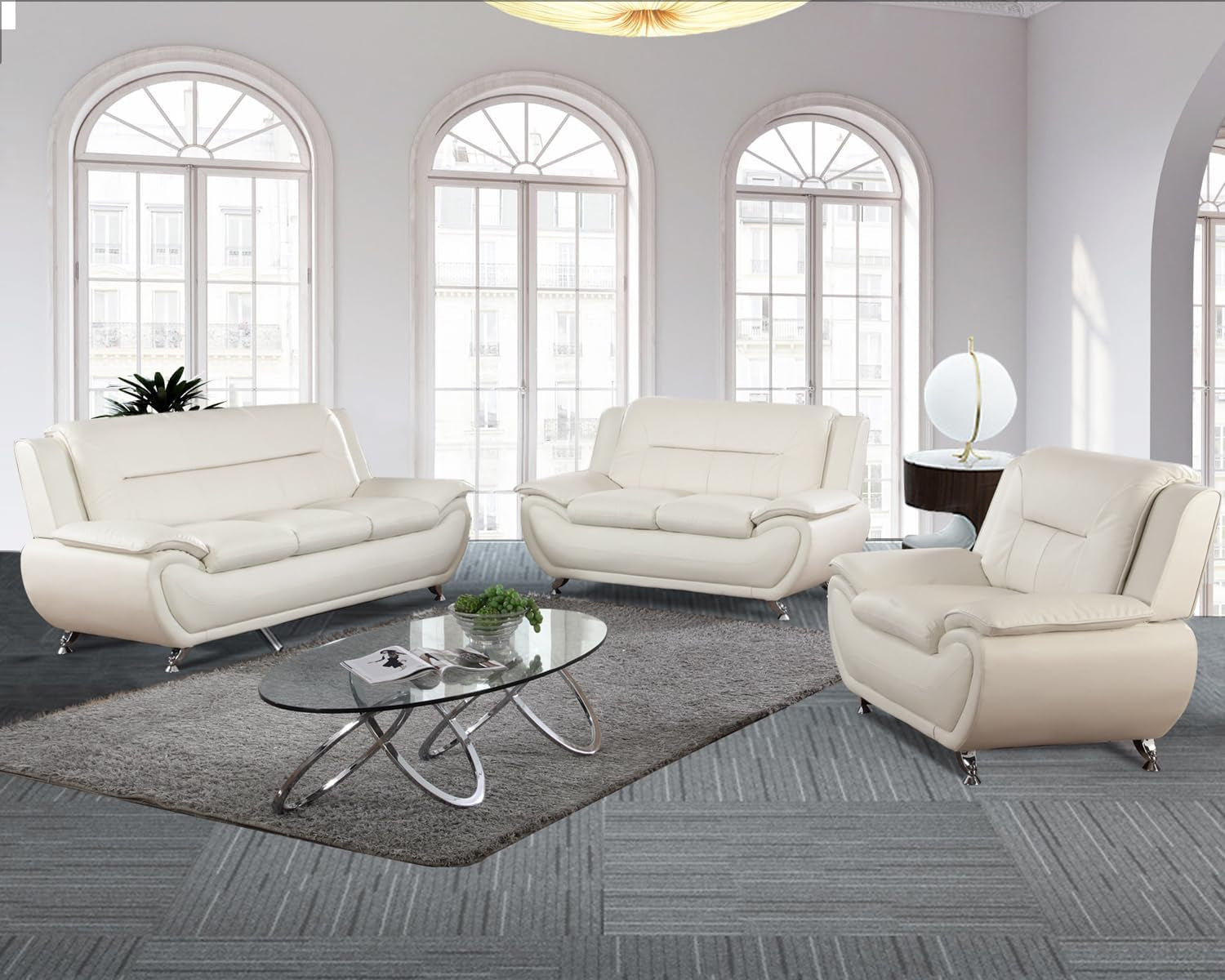 Living Room Furniture Set, Faux Leather Sofa Couch Set, 3 Pieces Modern Sofa Set for Living Room/Apartment/Office (White)-3