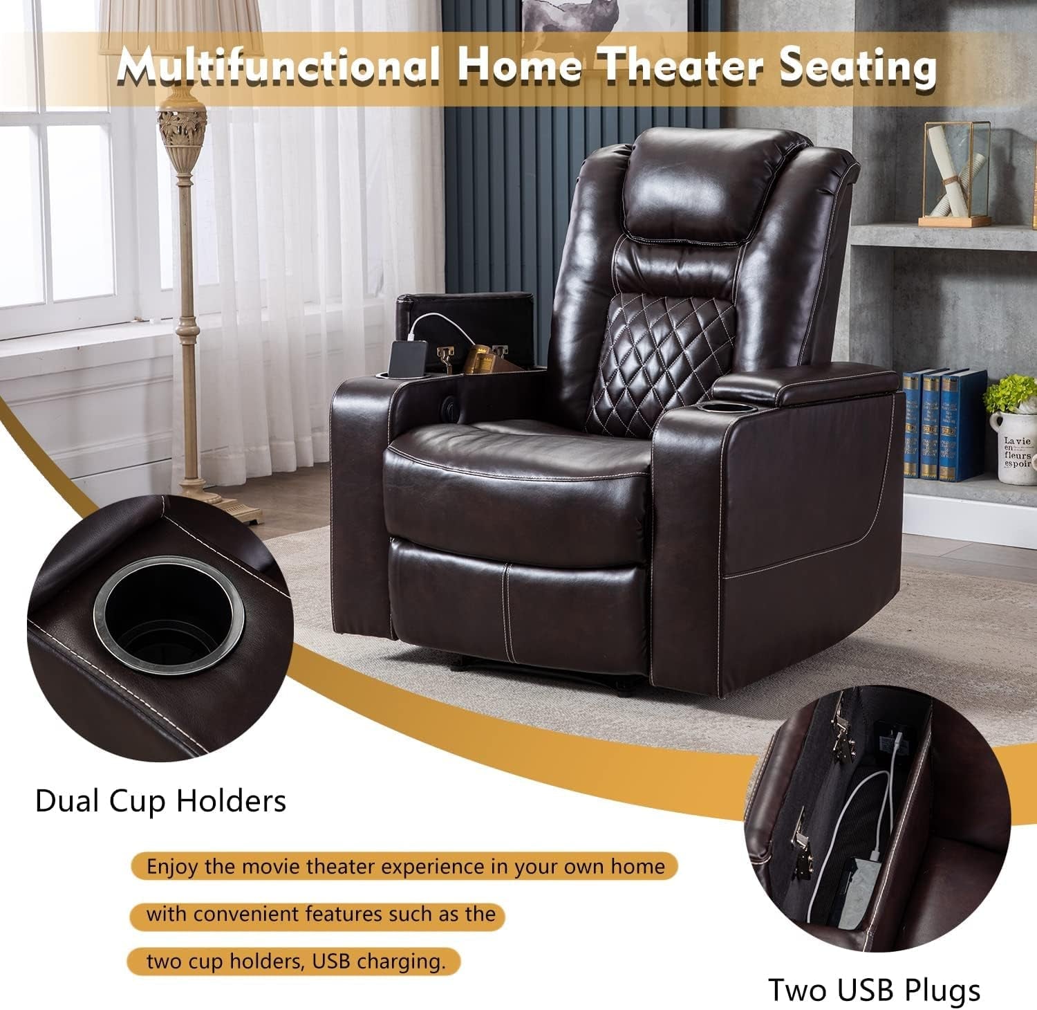 Electric Power Recliner Chair with USB Ports and Cup Holders, Breathable Leather Home Theater Seating with Hidden Arm Storage (Brown)-3