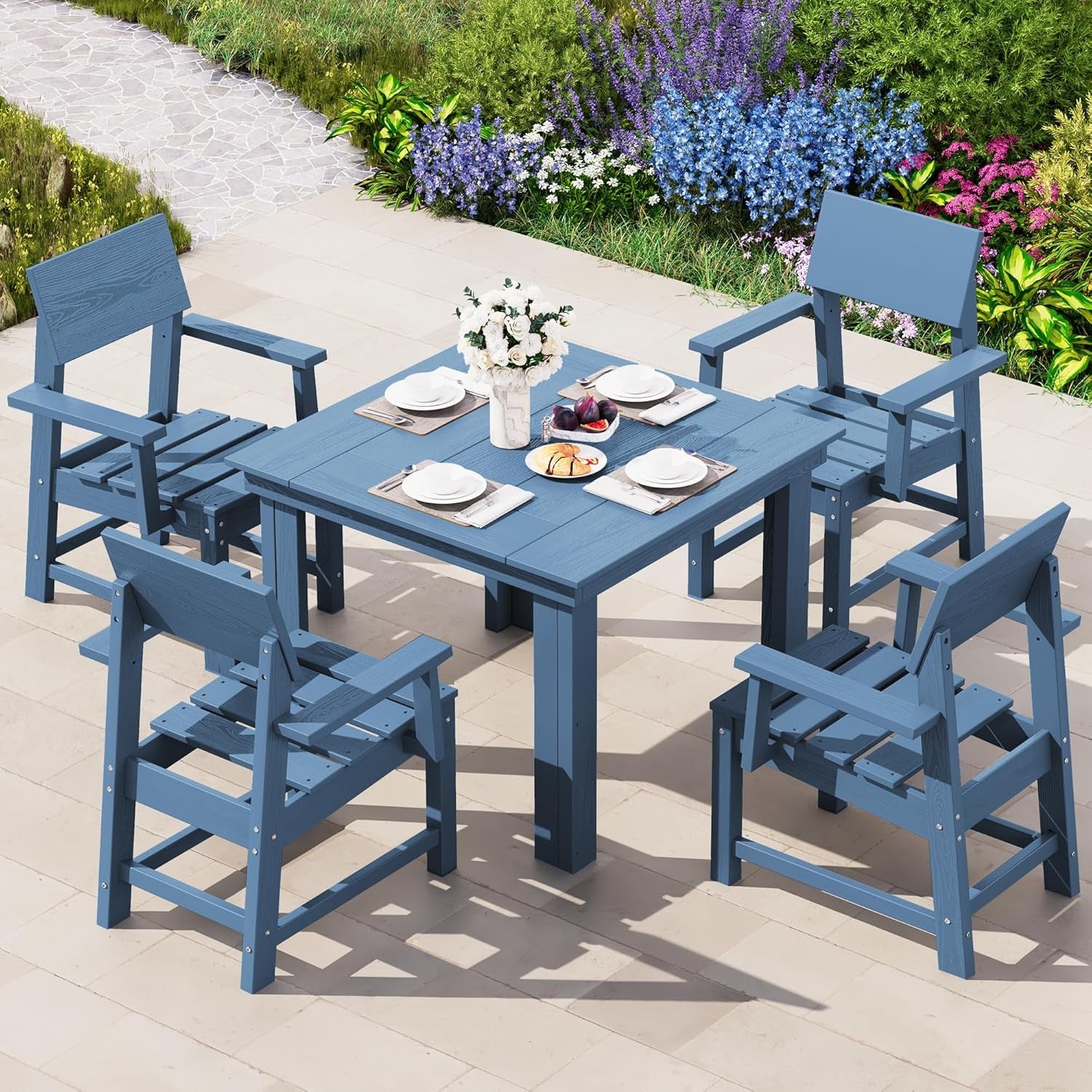 HDPE Outdoor Dining Set, 37-Inch Square Table and Chairs Set All Weather Patio Dining Set, 5-Piece Patio Dining Furniture for Deck, Garden, Backyard, Navy Blue-0