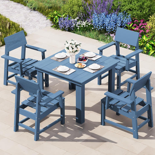 HDPE Outdoor Dining Set, 37-Inch Square Table and Chairs Set All Weather Patio Dining Set, 5-Piece Patio Dining Furniture for Deck, Garden, Backyard, Navy Blue-0