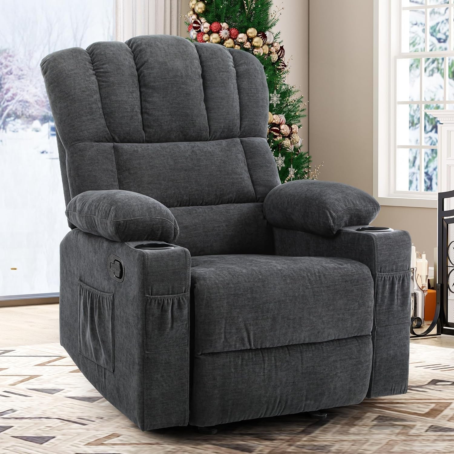 Oversized Rocker Recliner Chair with Massage and Heat, Manual Recliner Chair with Overstuffed Armrest, Rocking Recliner with 2 Cup Holders, USB Charge Port and Side Pocket for Living Room-0