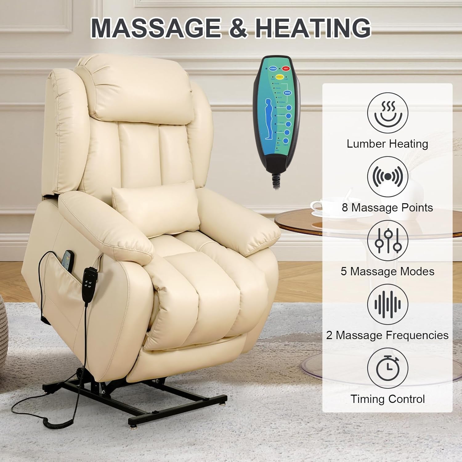 Large Reclining Lift Chair, Dual Motor Massage Chair, Genuine Leather Recliner with Heating and Massage for Seniors, with Double Lumbar Cushion and Extended Footrest, USB Port(Beige)-2