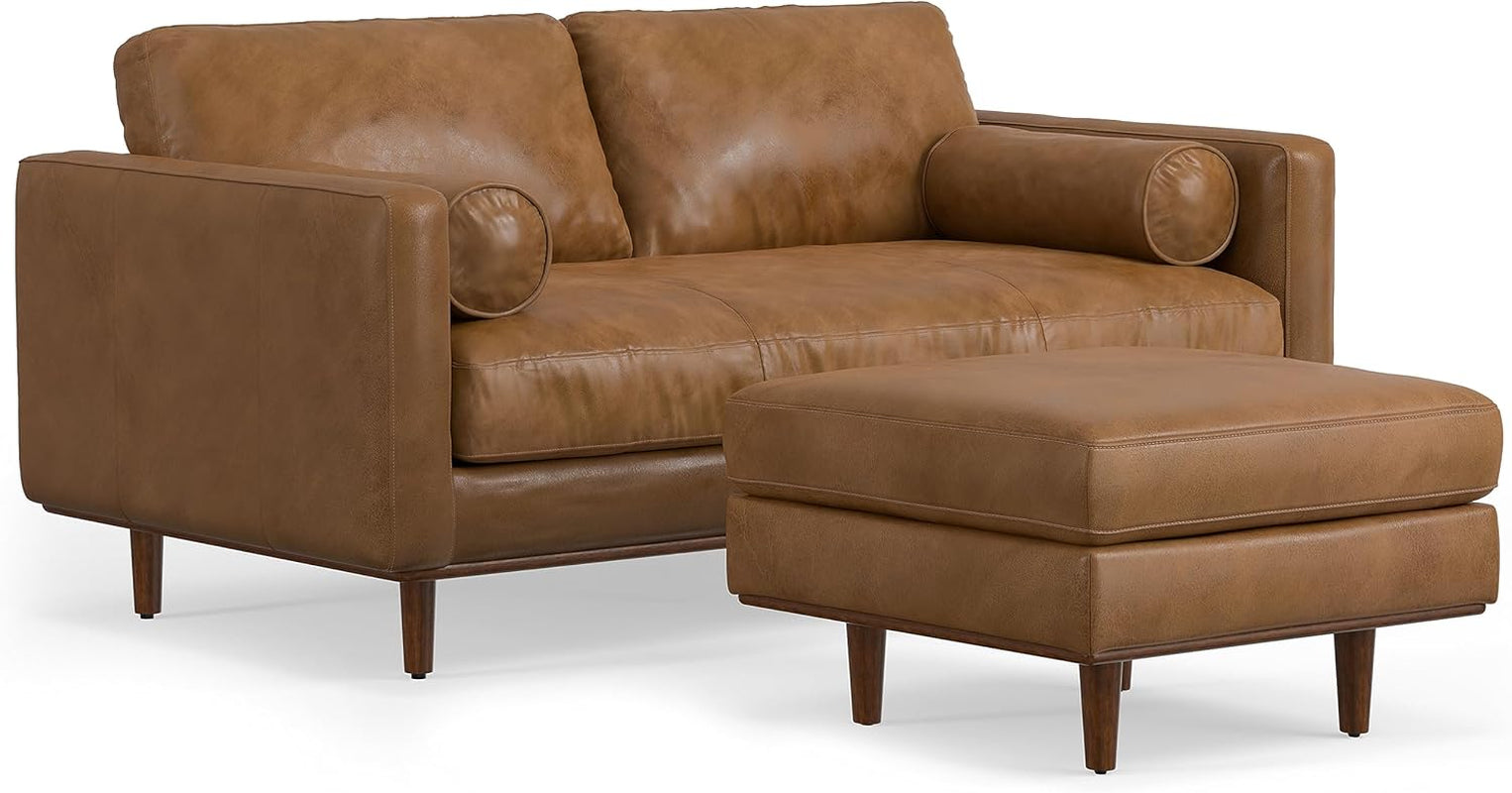 Morrison Mid-Century Modern 72 Inch Wide Sofa with Ottoman Set in Caramel Brown Genuine Leather for the Living Room and Family Room-0