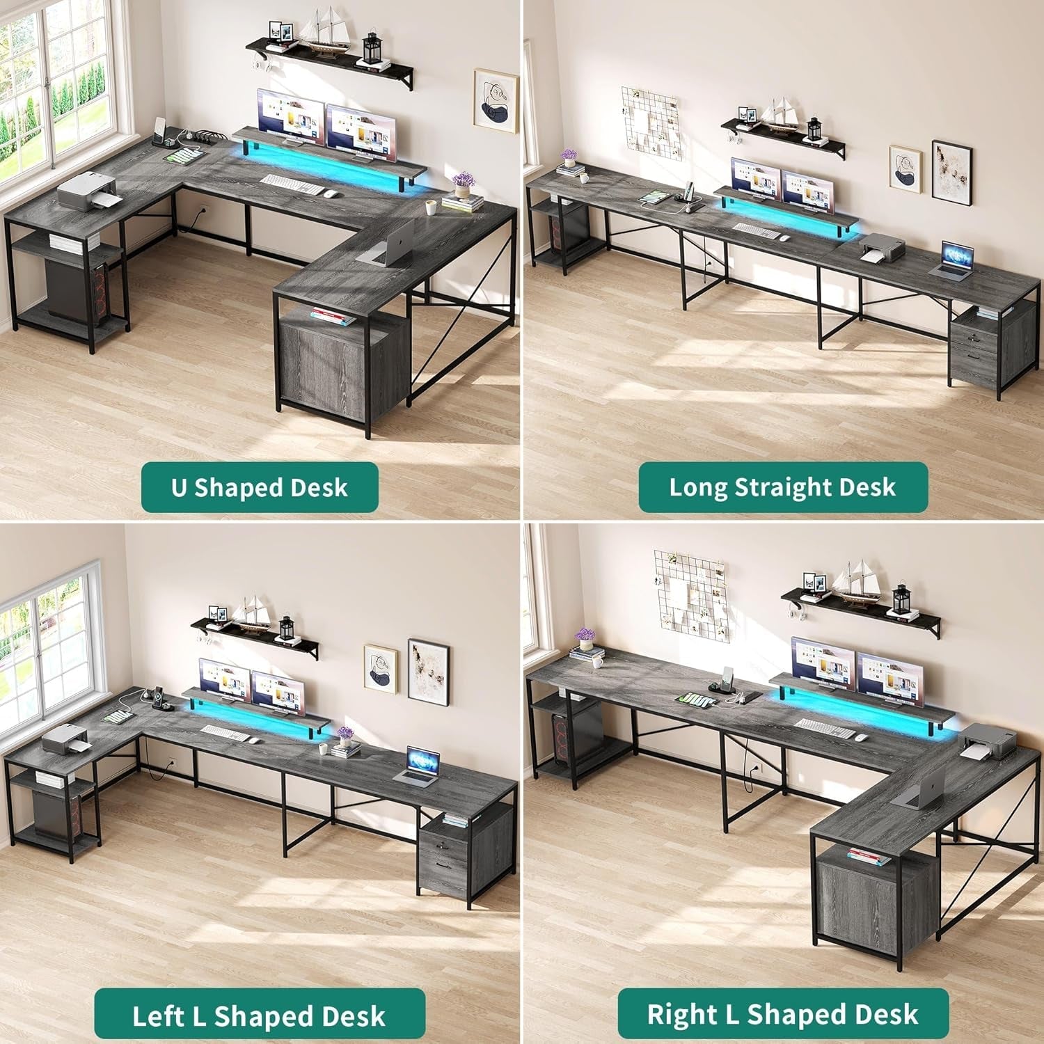 U Shaped Desk with Power Outlets & LED Lights, 79" Reversible L Shaped Desk with Drawers, Corner Computer Desk Office Desk with Monitor Stand & Storage Shelves, Grey-4