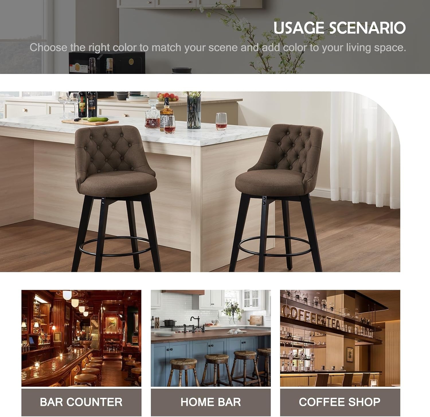 Bar Stools Set of 2, Swivel Barstools with Backs and Wood Legs, 27" Linen Fabric Upholstered Bar Chairs for Kitchen Island, Dining, Cafe, Pub（Sepia）-4