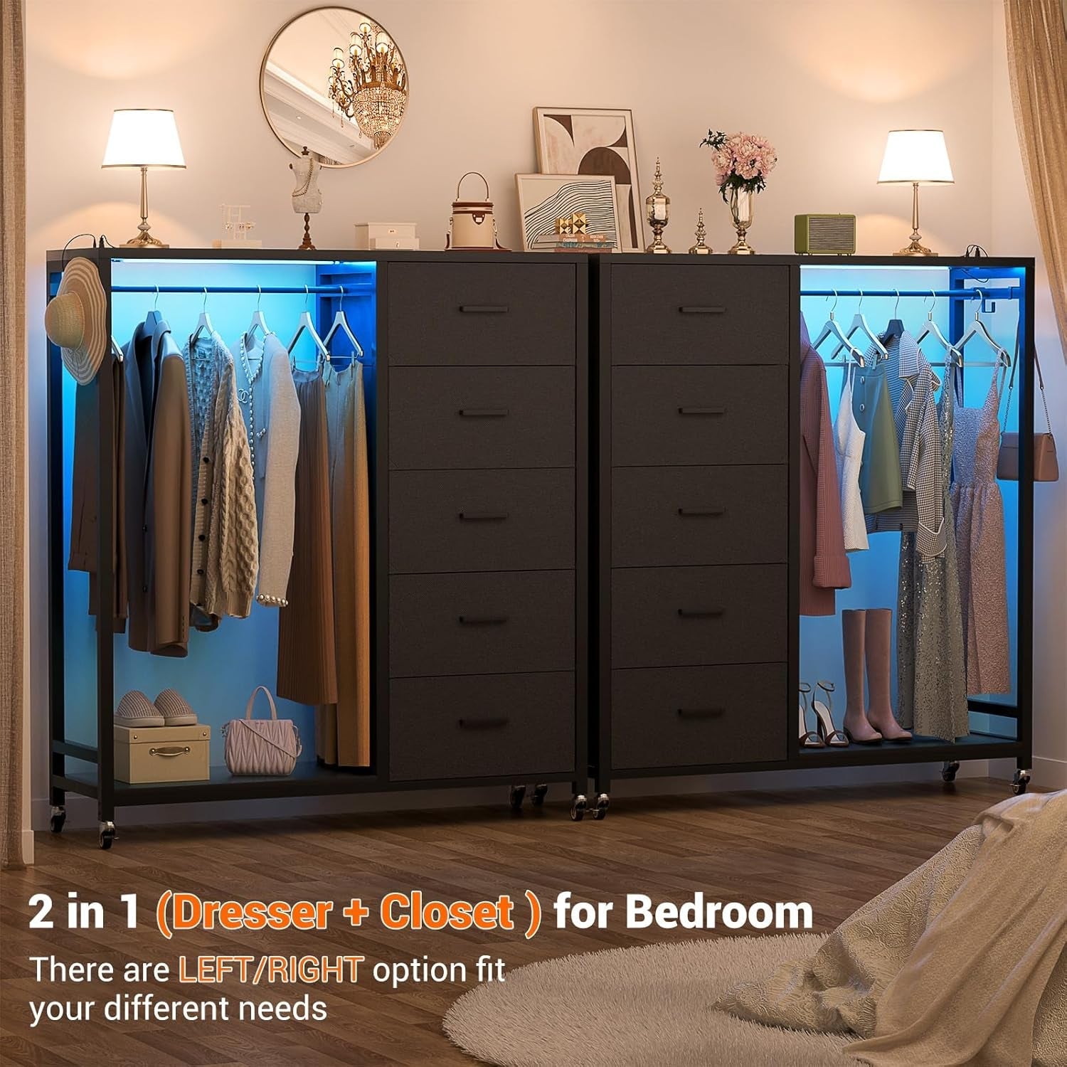 Dresser for Bedroom with Clothes Rack, 5 Drawers Dresser with Charging Station & LED Lights, Black Storage Chest of Drawers with Wheels, Wooden Top, Lockable Wheels, Bedroom, Closet, Black-3