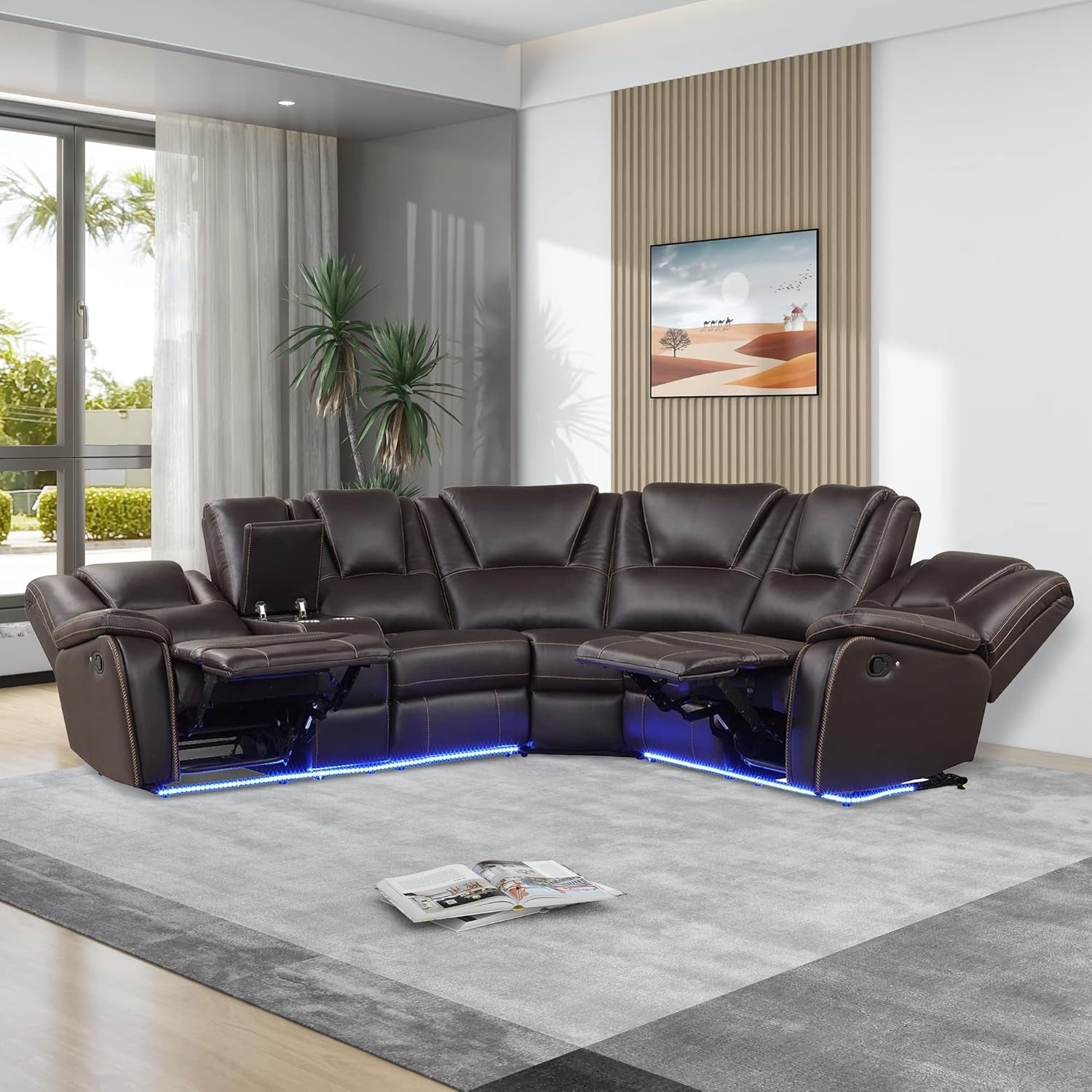 Faux Leather Reclining Sectional Sofa with LED Lights-2