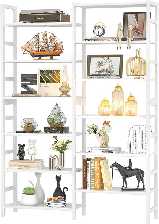 Double Wide Bamboo Bookshelf White, 6-Tier Large Open Bookcase with 12 Display Shelves, 6Ft Tall Freestanding Book Shelf for Home Office, Bedroom, Living Room, Plants-0