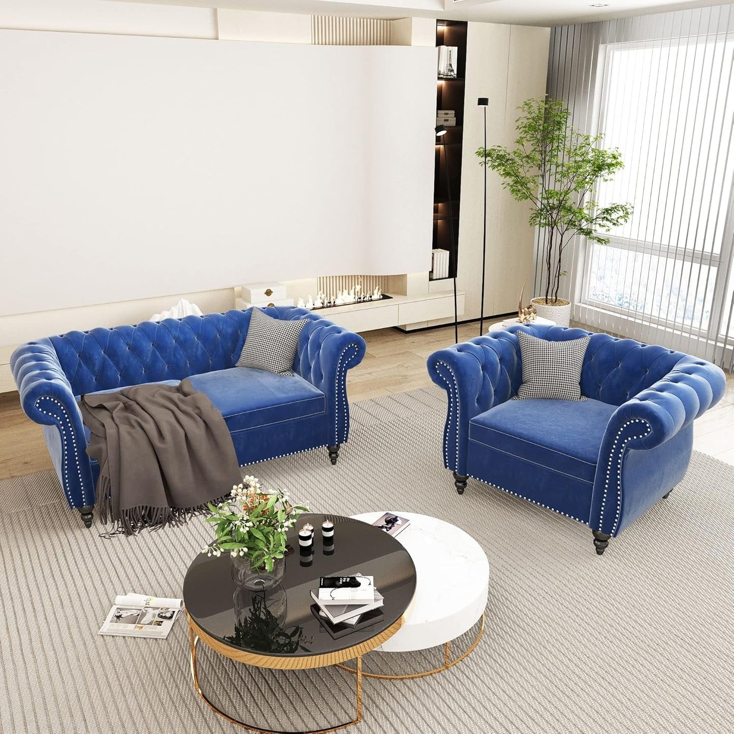 2 Piece Living Room Set, Chesterfield Velvet Sofa Loveseat Couch Chair with Scroll Arms and Nailhead for Living Room, Office (Blue, 1-2)-3